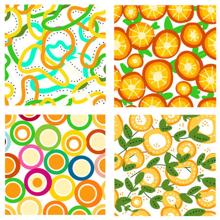 Set of bright summer patterns. Seamless backgrounds for posters, parties, typographic products. Orange circles, oranges, colored stripesのイラスト素材