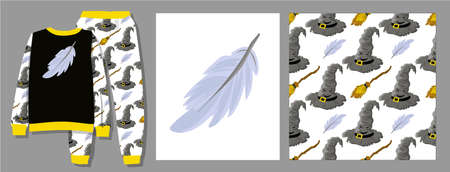 Funny print for baby clothes. Talking hat.  movie character. A magical item. Wizards clothes. T-shirt design. Vector illustration Ready-made textile design kit. Seamless pattern Harry Pot.のイラスト素材