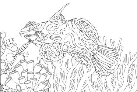 Fish exotic coloring. Antistress coloring page. Sea creatures. Ocean fish. Vector illustration.のイラスト素材