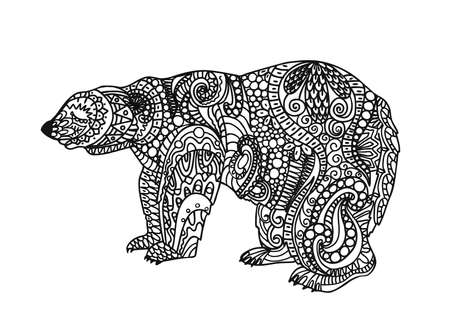 The bear is black and white. Polar Bear coloring page. Linear drawing animal. Antistress coloring page. Vector illustration isolated on a white background.のイラスト素材