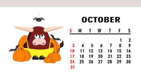 Cute children's calendar 2021. Year of the bull. Funny bull character isolated on a white background. Symbol of 2021. Octoberのイラスト素材
