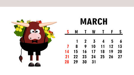 cute calendar 2021. Year of the bull. Funny bull character isolated on a white background. Symbol of 2021.のイラスト素材
