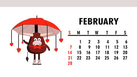 cute calendar 2021. Year of the bull. Funny bull character isolated on a white background. Symbol of 2021.のイラスト素材