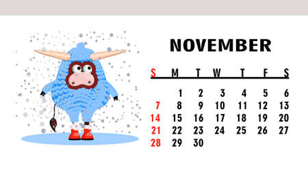 Calendar page 2021. Calendar horizontal with bulls or oxen. Ox character.November.のイラスト素材