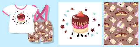 cake character. Sweets pattern seamless b. vector illustration. textile design.のイラスト素材