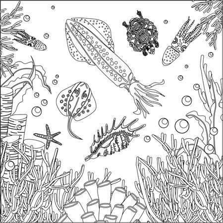 Underwater World coloring page. Squid and seaweed. Antistress coloring book.のイラスト素材