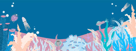 Algae oceanic drawing. Floral summer background. Summer banner horizontal design.の写真素材