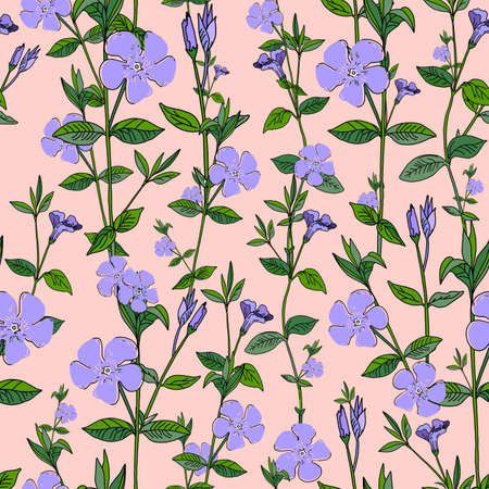 Purple flowers on a pink background. Periwinkle. Seamless summer pattern.