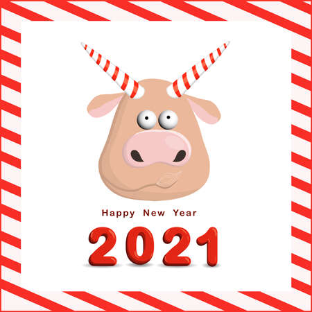 Year of the bull postcard square. Funny christmas character ox. 2021, vector illustrationのイラスト素材