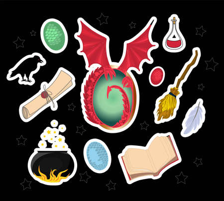 Magic stickers. I love magic. Witchcraft omens. Mystic. Magic wand, talking hat, parchment and dragon. Dragon eggsのイラスト素材