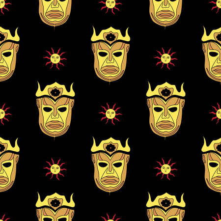 Magic pattern. Sun God. Harpy children. Gold mask on a black background.のイラスト素材