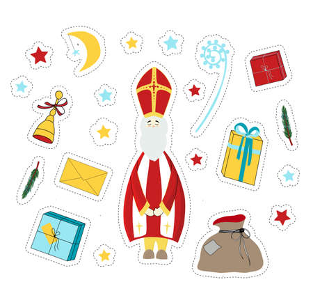 St Nicholas. Saint Nicholas Day stickers. Elements for the holiday. Gift, surprise, fir branches.のイラスト素材