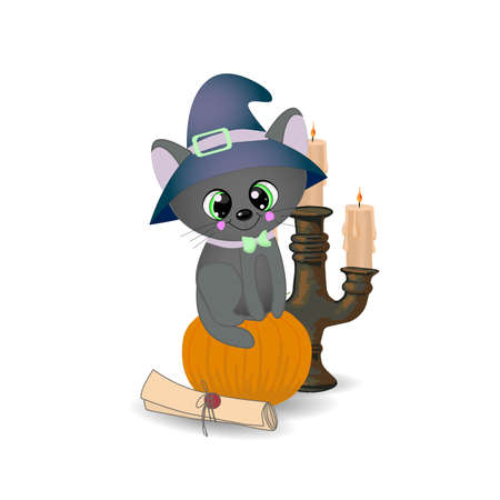 Halloween black cat in a magic cap. Composition for Halloween isolated on white background.のイラスト素材