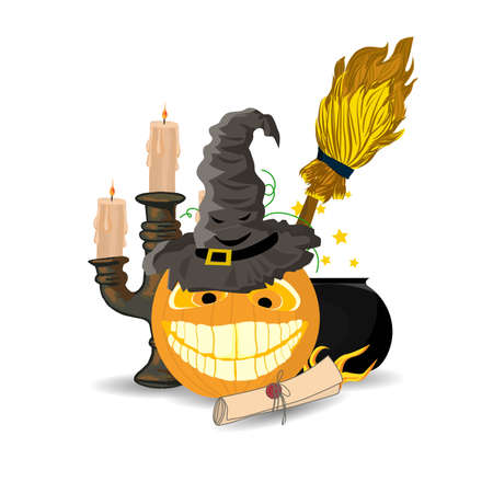 Halloween pumpkin jack in a magic cap. Composition for Halloween isolated on white background.のイラスト素材