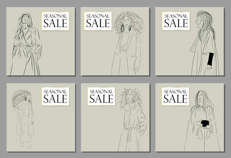 Seasonal sale banner. A modern autumn look. Fashion and Style. Beautiful stylish girl or woman in a coat.のイラスト素材