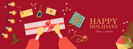 Gift wrapping. Unpacking gifts. Hands holding a box.Trendy Christmas illustration.