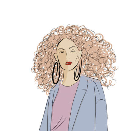 Creative illustration of a young woman. Young girl with blonde. Lady in a coat. Nice girl in a fashionable jacket. Fashionable hand-drawn illustration.のイラスト素材