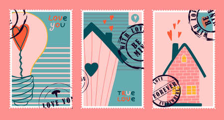 romantic postage stamps. envelopes and cards for valentine's day. Top-down view. Modern vector illustration for web design and print. Retro stamps. Correspondence and postal delivery concept.のイラスト素材