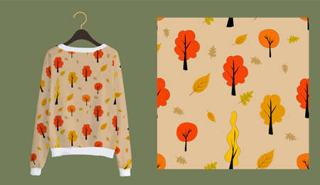 Trendy autumn pattern. Trees seamless print. Autumn forest.のイラスト素材