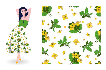 Yellow bright pattern yellow flowers in modern style. Textile ornament. Seamless vector texture....