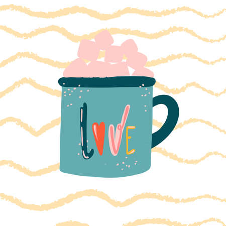 Lettering love cup in sketch style on white background. Printing vector graphics. Drawing style. Cartoon style. Isolated vector. Vector text.のイラスト素材