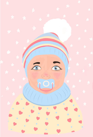Pink baby with pacifier in trendy style on soft background. Trendy vector style. Trendy retro style.Modern design.のイラスト素材