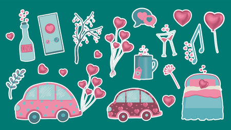 Modern cartoon invitation template with pink elements theme 14 february. Abstract love symbol. Isolated vector.の写真素材