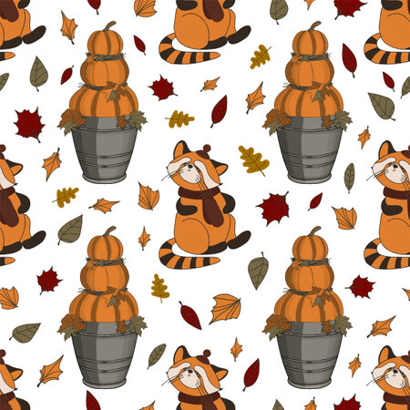Autumn pattern for children. Red panda. Autumn animals. pumpkins. Thanksgiving day illustration.の写真素材
