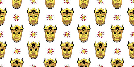 Fantasy seamless pattern. Harpy mask. golden mask with horns. illustration.の写真素材