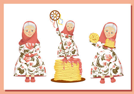 Shrovetide character Modern banner for Russian folk holiday. Maslenitsa is a spring festival. Pancake week. Trend vector illustration.のイラスト素材