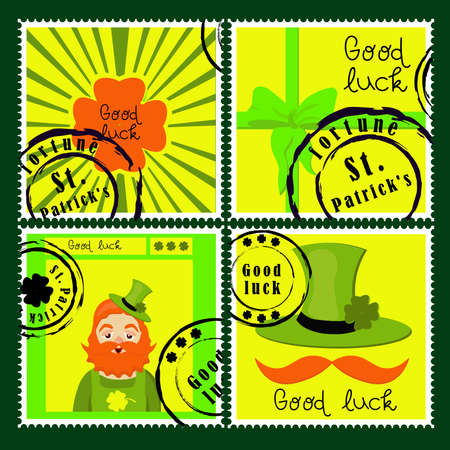 St Patrick's Day stamps. Postage stamps for letters. Patrick's stickers. Good luck. Hand drawn vector lettering with green hat and shamrock. Beer festival poster. Happy Ireland shamrock poster. Elemenのイラスト素材