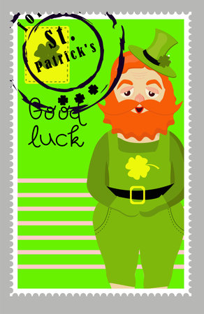 St Patrick's Day stamps. Postage stamps for letters. Patrick's stickers. Good luck. Hand drawn vector lettering with green hat and shamrock. Beer festival poster. Happy Ireland shamrock poster. Elemenのイラスト素材