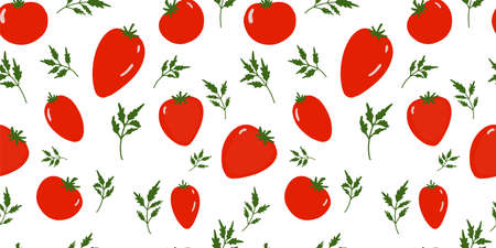 Seamless tomato background. Pattern on the theme of vegetables. Red tomatoes on a white background. Kitchen textiles design. Summer pattern.のイラスト素材