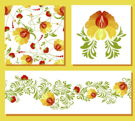 ethnic Ukrainian pattern. Petrikovskaya painting. Traditional Ukrainian painting. Abstract flowers on a white background. set for design of clothes, fabrics and textiles.のイラスト素材