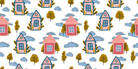 Cute baby pattern for toddlers. Fabulous pink houses on a white background. Hand-drawn style. Simple pattern for textiles and fabrics.のイラスト素材
