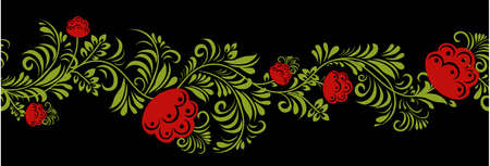 Abstract seamless border floral isolated on black background. Petrikovskaya painting. Sign painting. Ukrainian style.のイラスト素材