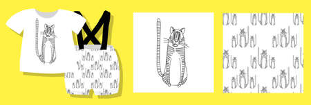 Funny seamless childish pattern with tigers. Year of the tiger background. Simple drawing of a tabby...