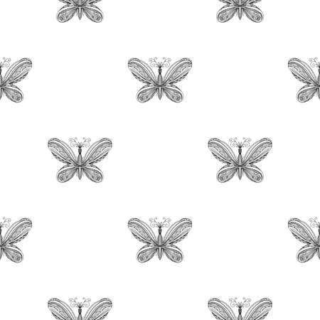 butterfly pattern. Linear art. Black and white image of a butterfly. Coloring antistress for adults. Summer light seamless designのイラスト素材