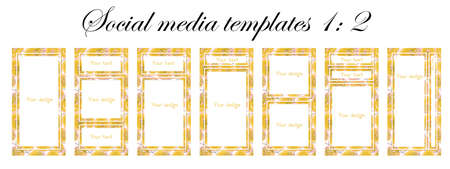 Trendy background with flowers and geometric objects. Post a story, poster, summer banner. copy space for text. Vector template, yellow color. social media story template. 1: 2 sizeの写真素材
