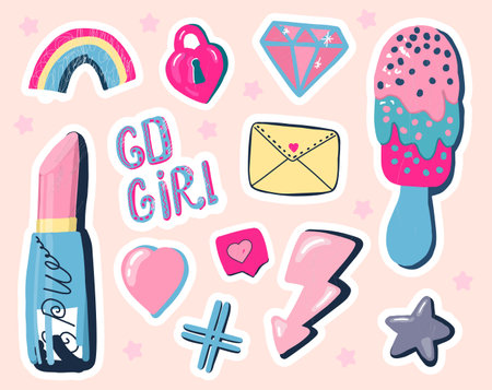 A set of cute stickers for girls. Stickers for diary and notebook. Vector illustrationのイラスト素材