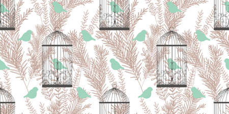 Stylish pattern with birds and cages in Victorian style. Birds of Paradise. Golden branches drawing. A modern pattern for wallcoverings, fabrics and textiles.のイラスト素材