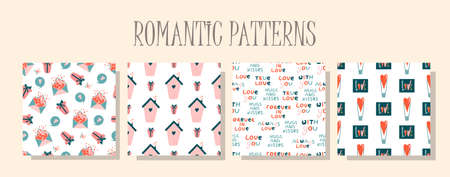 Romantic love pattern. A set of patterns in the same style. Valentine's day digital paper. Children's textile design. Seamless design.のイラスト素材