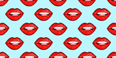 SEAMLESS LIP PATTERN. Pop art pattern. America of the 60s. Bright stylish ornament with lips. Vector design for printing on fabric and textile, wrapping paper. Wallpaper for walls.の写真素材