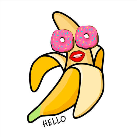 Glamorous banana character on a white background. Cheerful happy banana with donuts. Illustration for printing on a t-shirt.Vector illustration.のイラスト素材