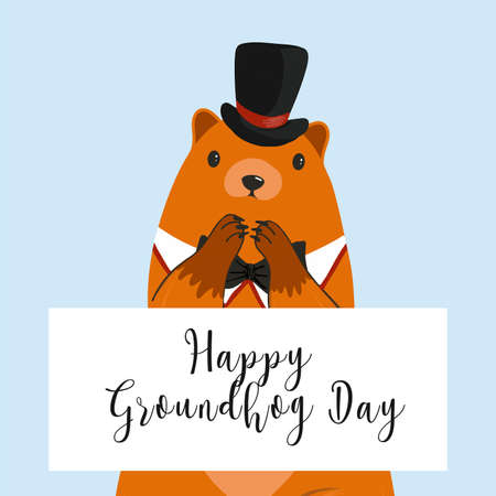 Happy Groundhog Day greeting card. Happy marmot Day Typographic Vector Design with Cute Groundhog Character - Advertising Posterのイラスト素材