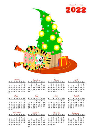 Funny kids calendar for 2022. Year of the tiger symbol 2022. Vector illustration. Schedule, weekly.のイラスト素材