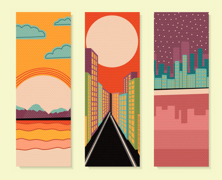Landscape vertical poster. Stylized landscape. Cool fashion interior poster. City street. City near the water. SUNSET from the sun. Retro design.のイラスト素材