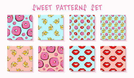 Sweet summer patterns. Seamless texture in pop art style. Bananas, lip print and crystals. Pop art style. Bright summer patterns.Vector illustrationの写真素材