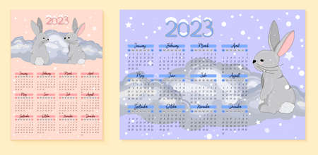 Calendar 2023 with cute rabbits. children's poster. Year of the cat and rabbit. Symbol of 2023. Vector illustration in trendy colors.のイラスト素材