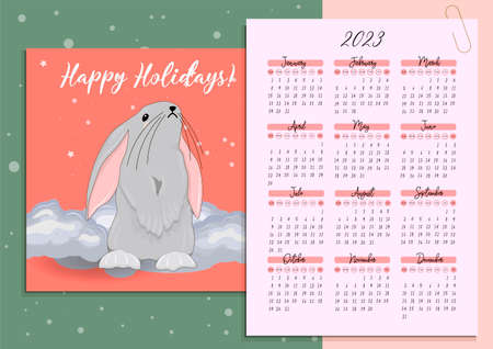 Calendar 2023 with cute rabbits. children's poster. Year of the cat and rabbit. Symbol of 2023. Vector illustration in trendy colors.のイラスト素材
